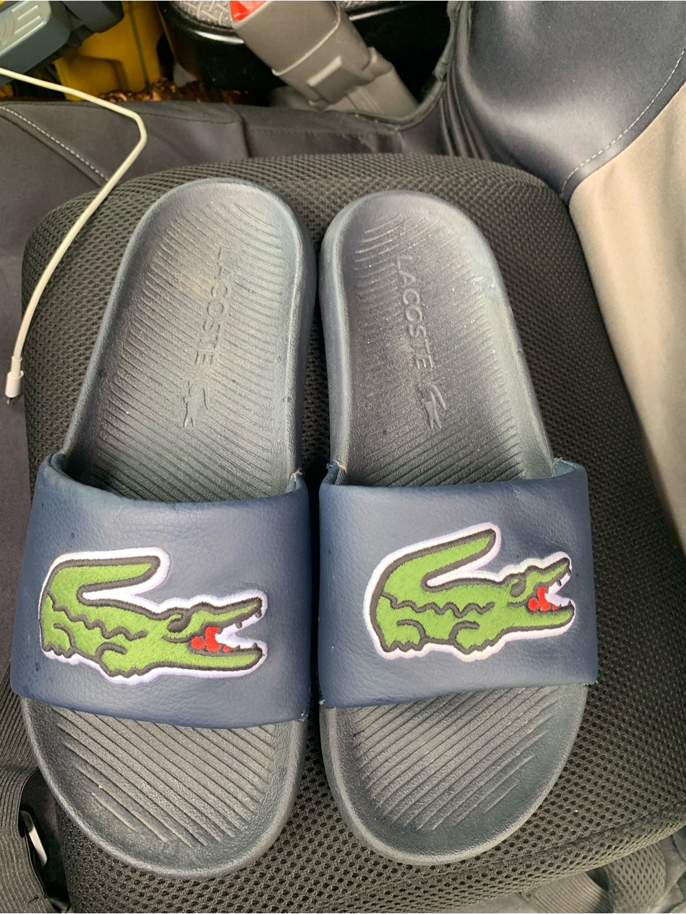 Lacoste Navy Slides with Green Crocodile Patch
